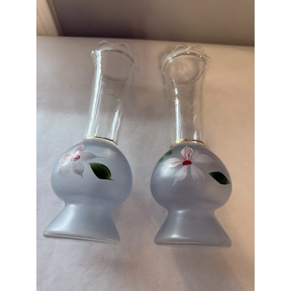 Pair Of 2 Bartlett Collins Vintage Clear - Frosted Glass Vases Hand Painted 9